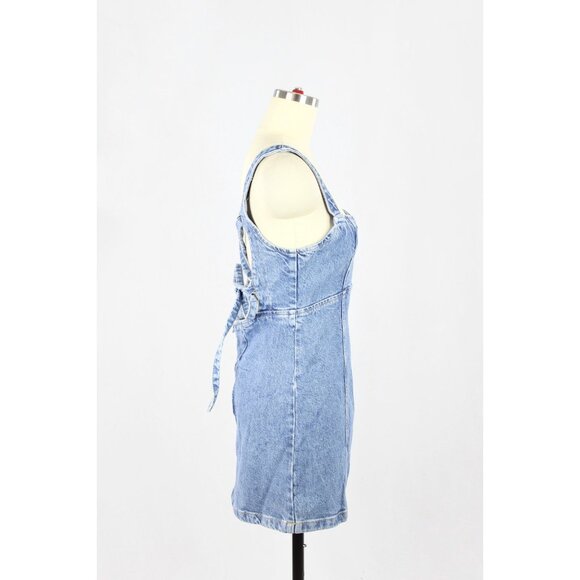 ZARA Medium Blue Cotton Denim Lace Up Back Mini Dress, Size M - Picture 2 of 13